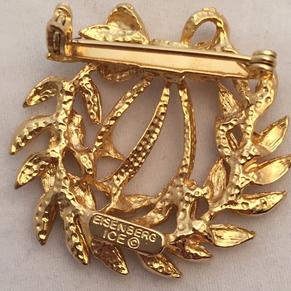 Vintage EISENBERG ICE Christmas WREATH BROOCH Pin Gold Tone & Rhinestones - Picture 3 of 3